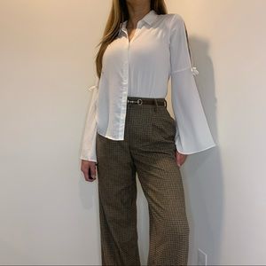 White Button-Up Flared Long-Sleeve Shirt with Bow Apliques